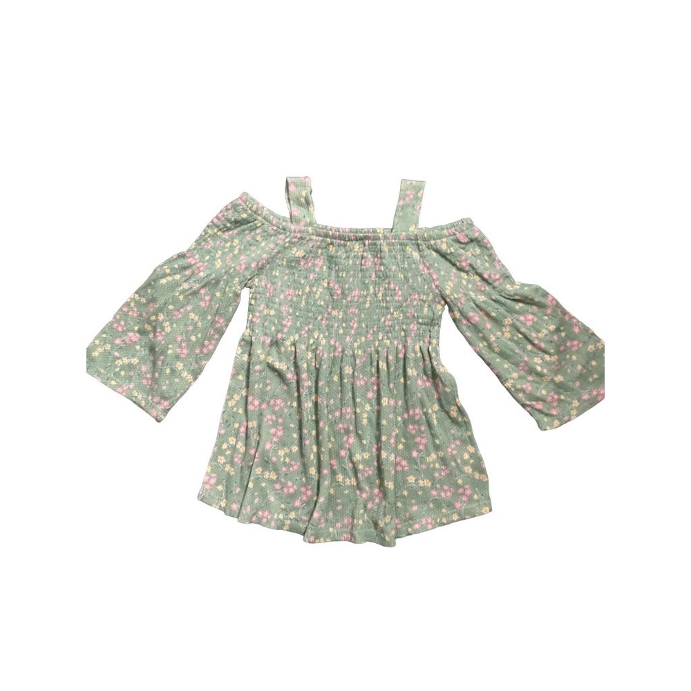 Cloud Chaser Girls Smocked Cold Shoulder Long Sleeve dress Green Floral medium
